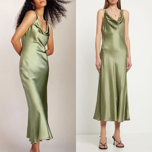 Reformation Bryn Silk Dress 6 NEW Midi Artichoke Green Scoop Neck Sleeveless